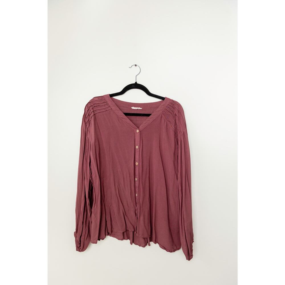 Easel Mauve Pleated Shoulder Button-Front Rayon Top – Size L